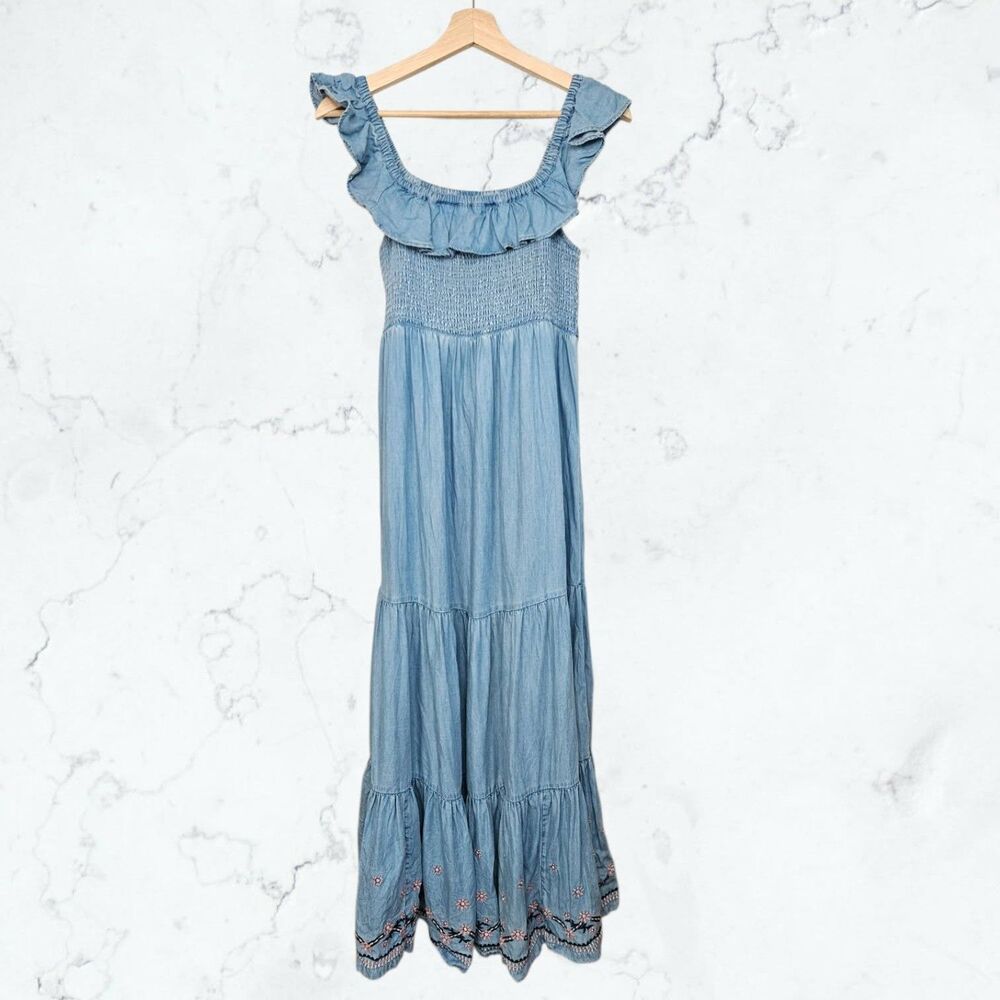 A Pea in the Pod Blue Chambray Denim Look Pink Floral Maternity Maxi Dress
